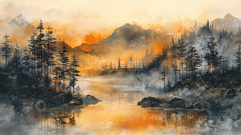 高清大图下载【趣麦麦图】水彩风格的山水风景