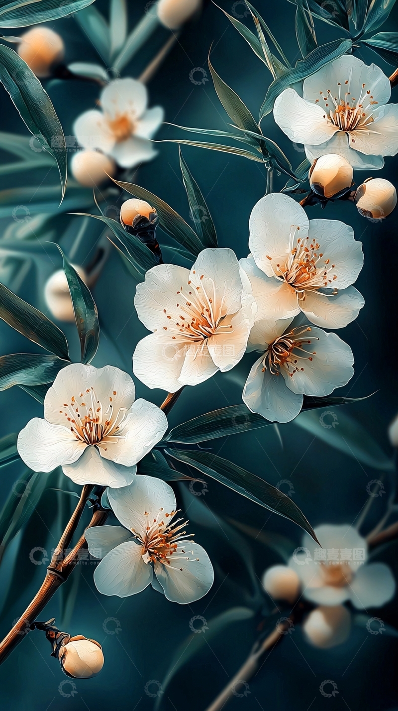 高清大图下载【趣麦麦图】精美白花绿叶枝条特写