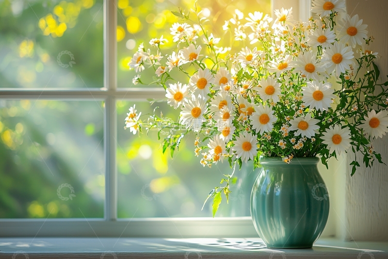 高清大图下载【趣麦麦图】窗台上的雏菊花束