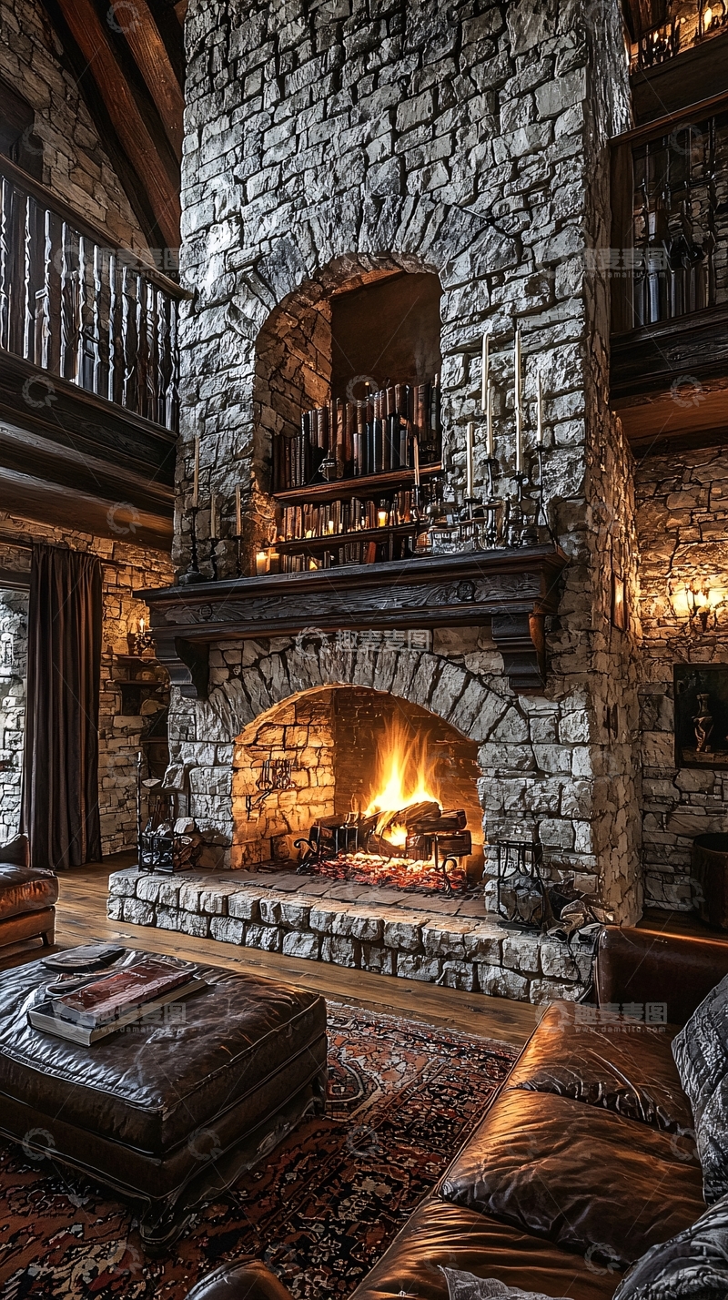 高清大图下载【趣麦麦图】石砌壁炉乡村别墅客厅