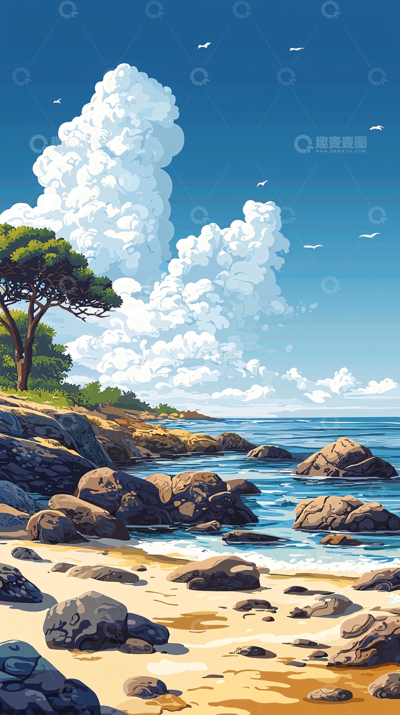 高清大图下载【趣麦麦图】海边沙滩的宁静一刻