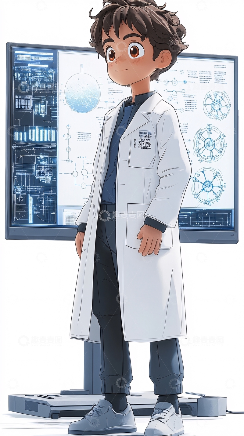 高清大图下载【趣麦麦图】穿着白大褂的小男孩科学家