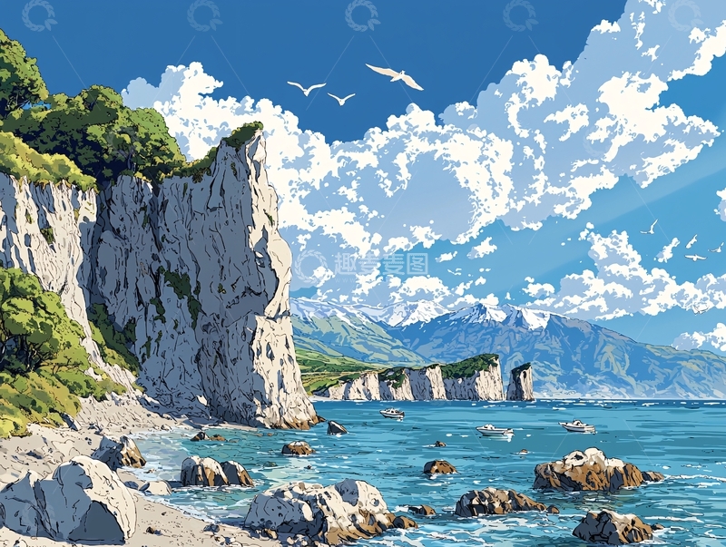 高清大图下载【趣麦麦图】阳光沙滩岩石峭壁