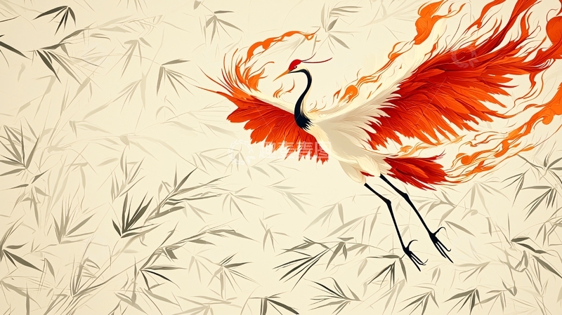 高清大图下载【趣麦麦图】红色仙鹤水墨画竹林