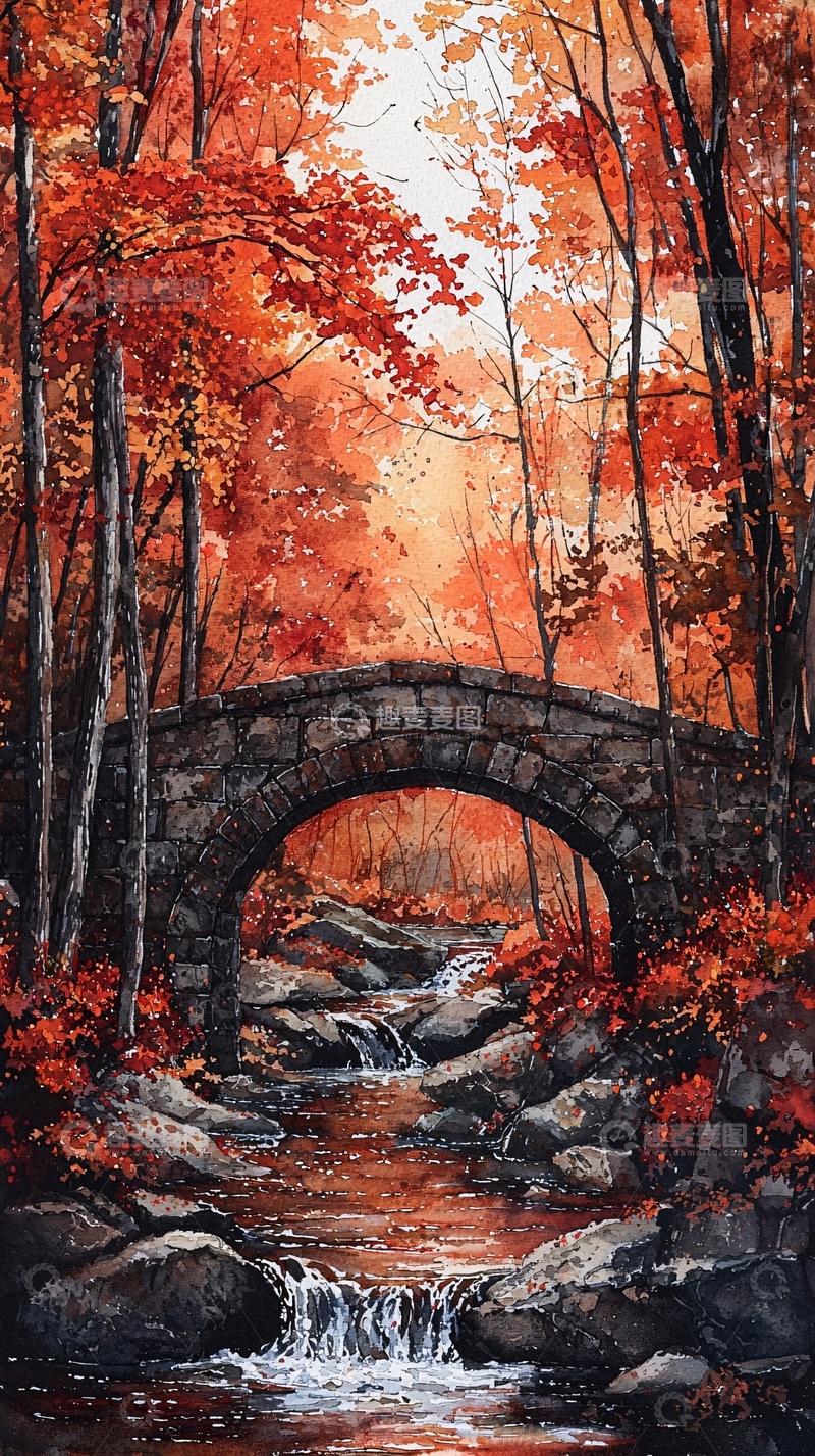 高清大图下载【趣麦麦图】秋日森林小溪石桥