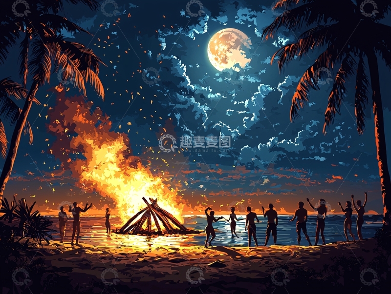 高清大图下载【趣麦麦图】海边篝火晚会