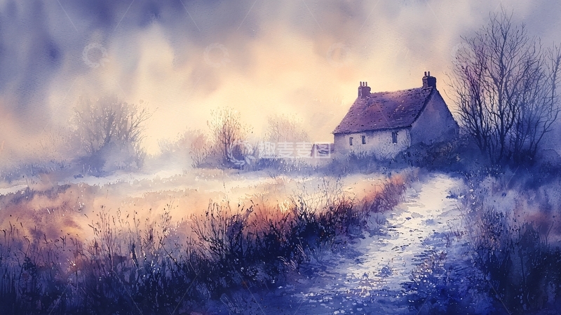 高清大图下载【趣麦麦图】冬日清晨的乡村小屋