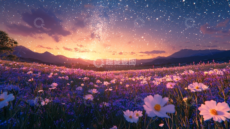 高清大图下载【趣麦麦图】星空下的紫色花海日出