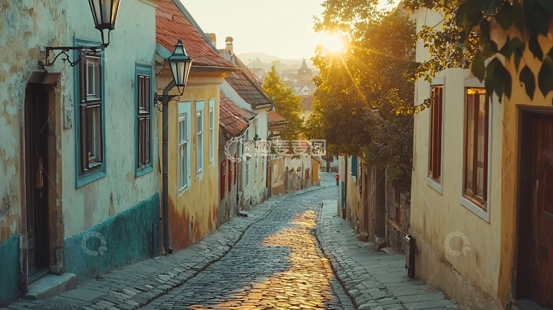 高清大图下载【趣麦麦图】清晨阳光下的鹅卵石街道