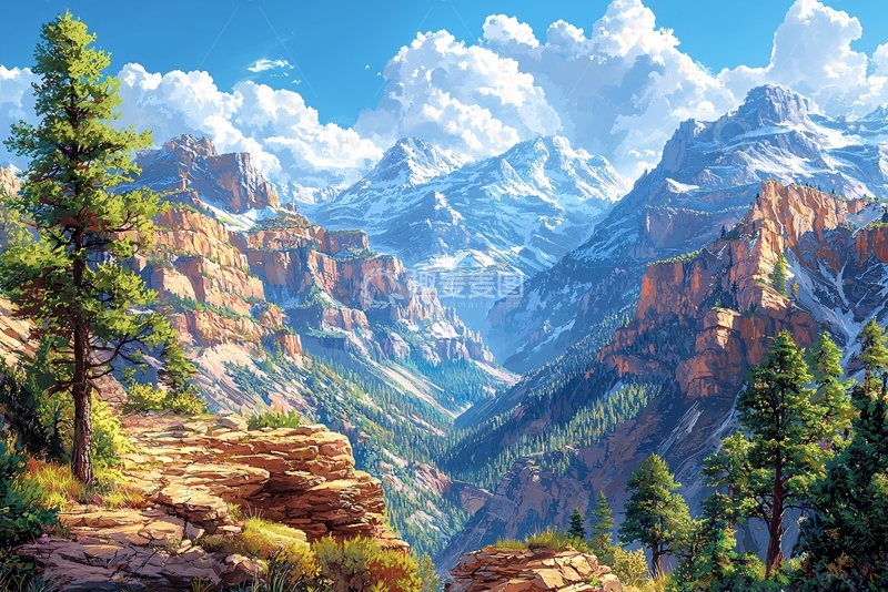 高清大图下载【趣麦麦图】雪山峡谷风景画