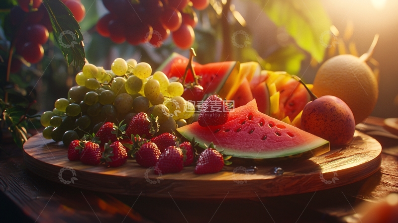高清大图下载【趣麦麦图】阳光下木盘里的水果