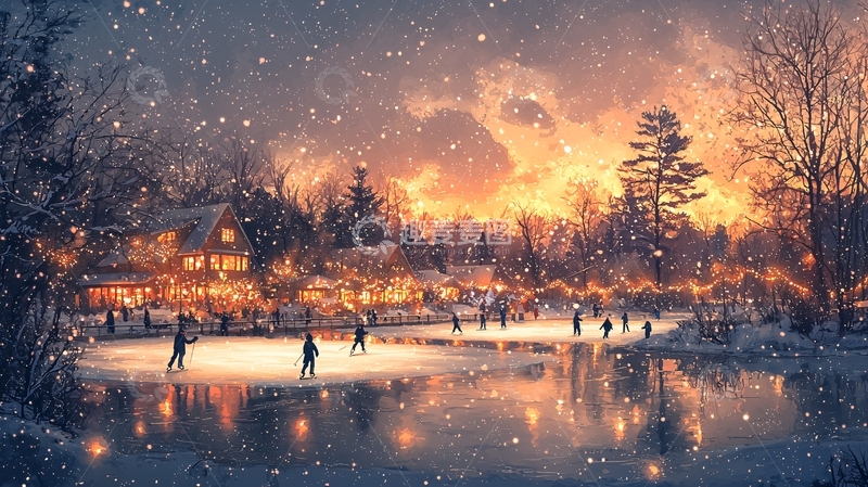 高清大图下载【趣麦麦图】冬夜雪景冰湖滑冰