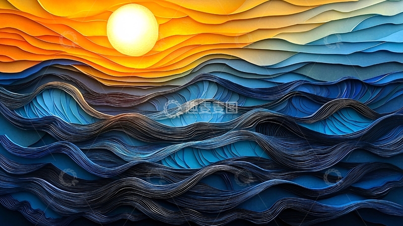 高清大图下载【趣麦麦图】抽象海浪与落日