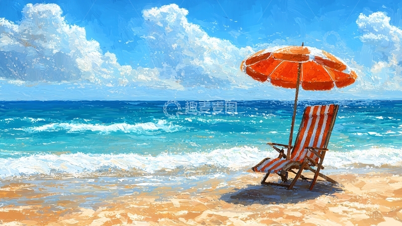 高清大图下载【趣麦麦图】海滩躺椅遮阳伞