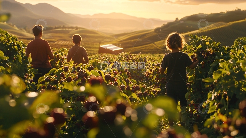 高清大图下载【趣麦麦图】夕阳下田园采摘咖啡豆