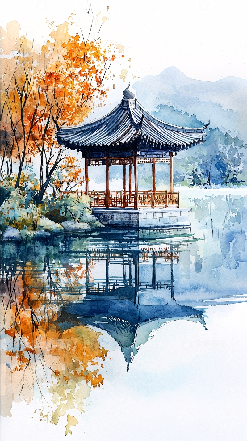 高清大图下载【趣麦麦图】湖边亭台水彩画