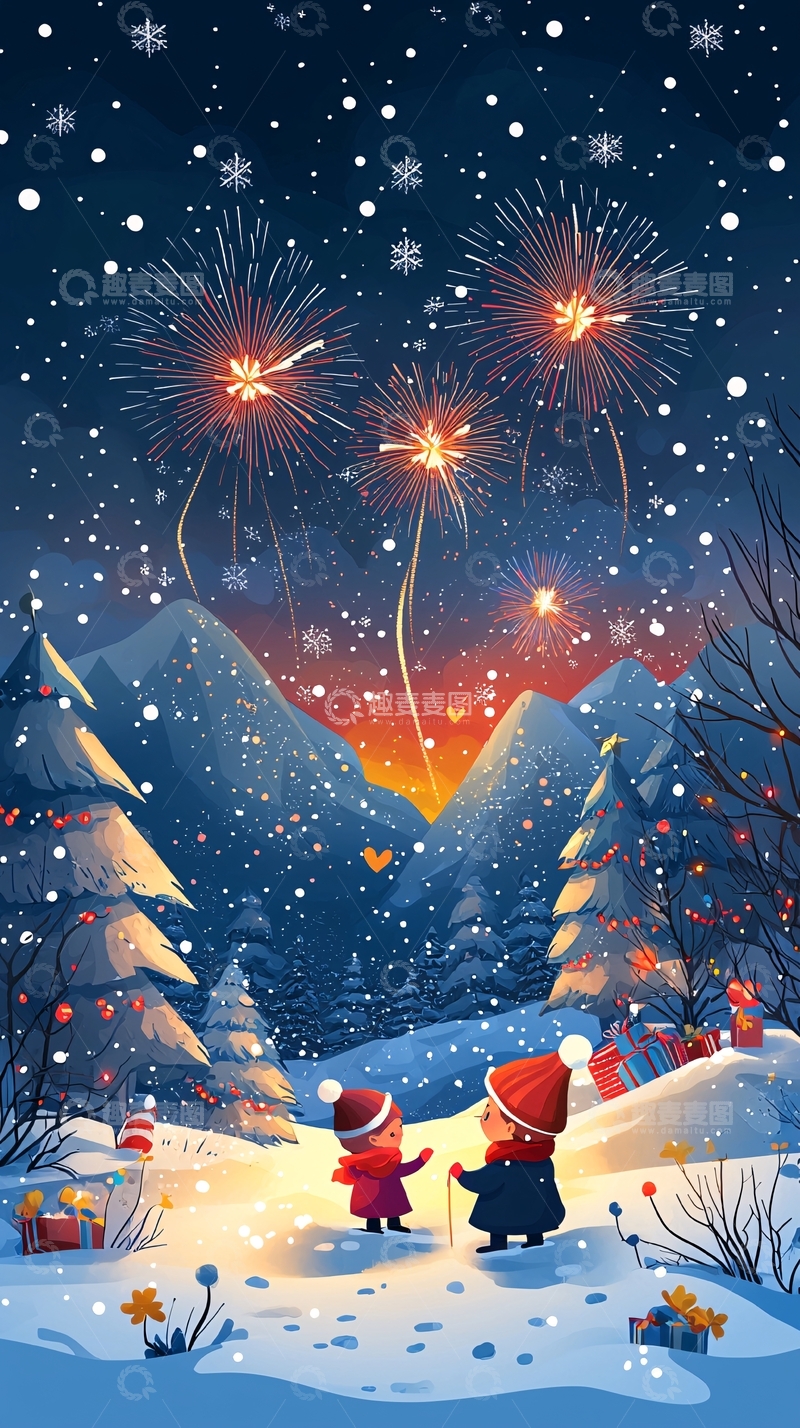 高清大图下载【趣麦麦图】冬夜雪景烟火儿童画