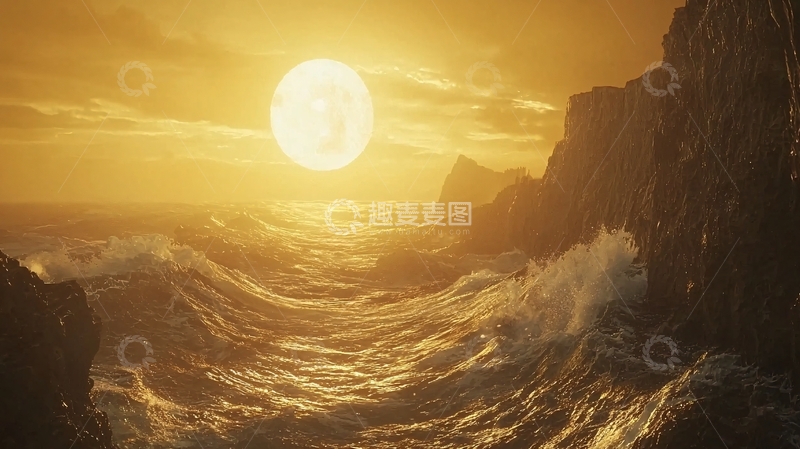 高清大图下载【趣麦麦图】金色的夕阳海浪拍打礁石