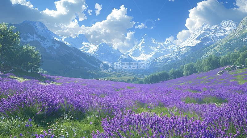 高清大图下载【趣麦麦图】薰衣草田野雪山风景