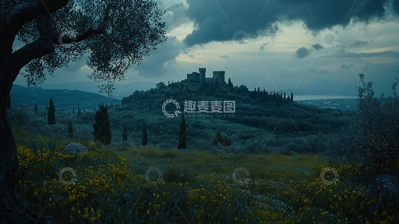 高清大图下载【趣麦麦图】阴暗天空下的山丘城堡