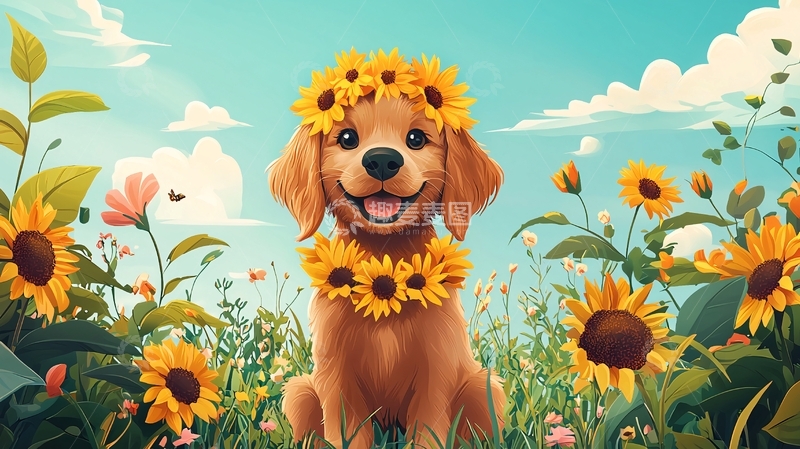 高清大图下载【趣麦麦图】金毛犬戴向日葵花环