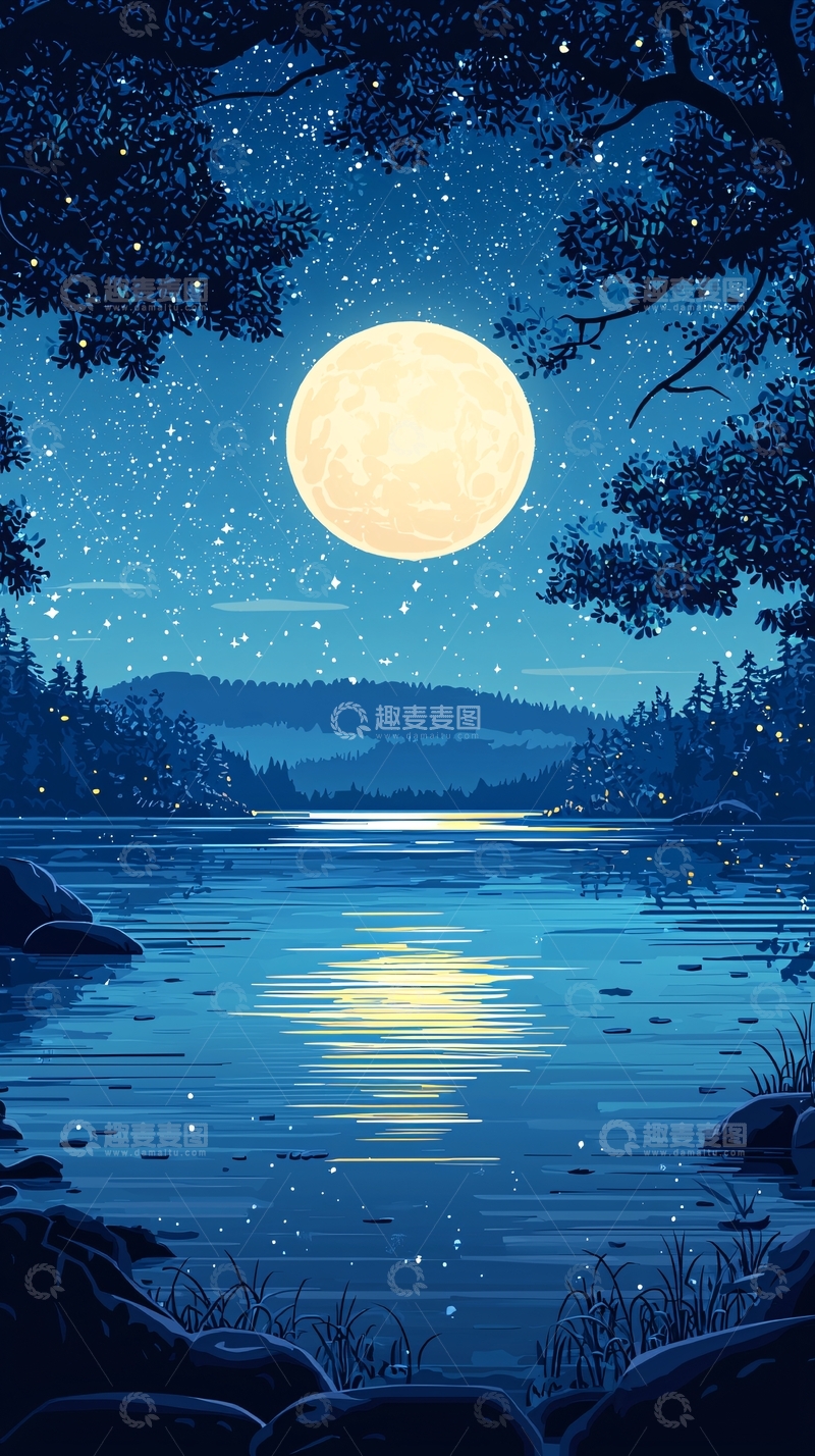 高清大图下载【趣麦麦图】宁静的夜晚湖面月光