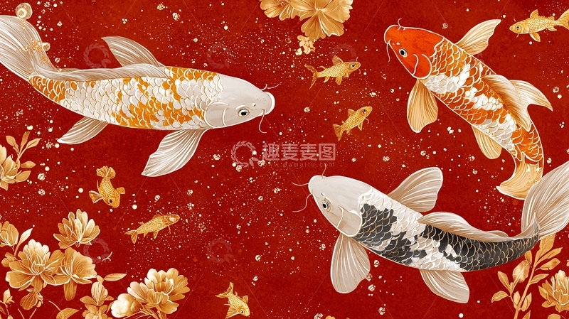 高清大图下载【趣麦麦图】红底金花鲤鱼图