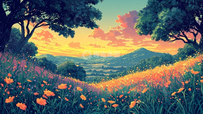 高清大图下载【趣麦麦图】山谷夕阳花海