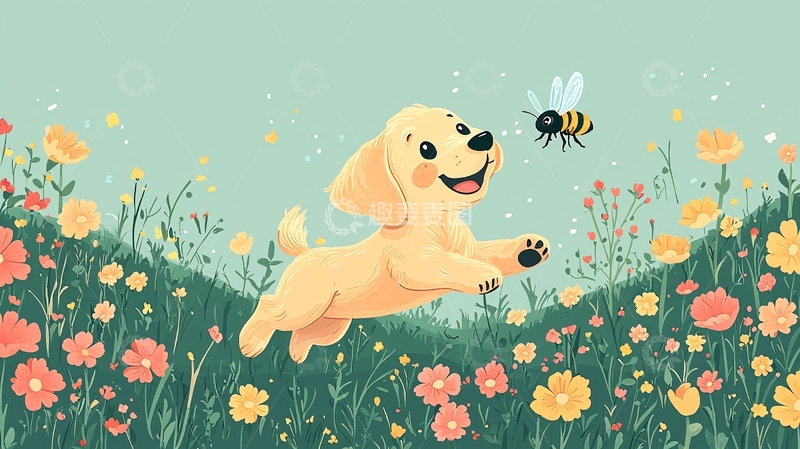 高清大图下载【趣麦麦图】金毛幼犬与蜜蜂嬉戏