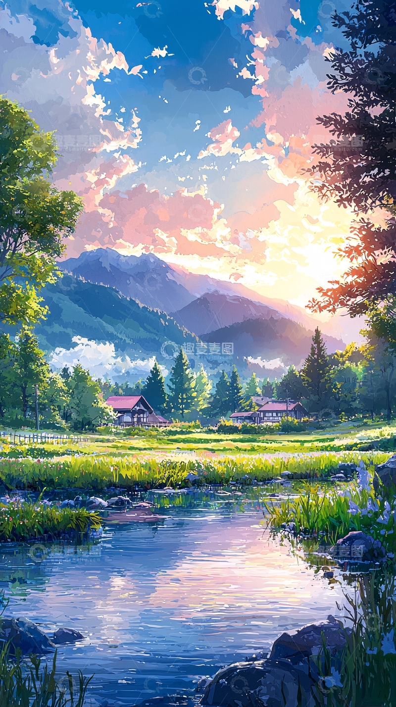 高清大图下载【趣麦麦图】夕阳下的田园山川景色