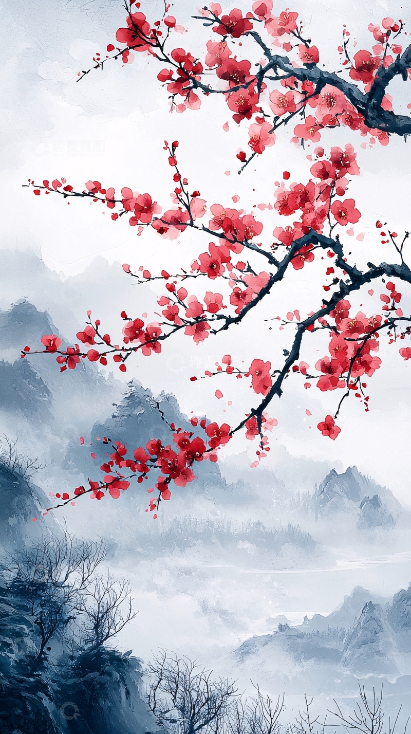 高清大图下载【趣麦麦图】水墨红梅山景图