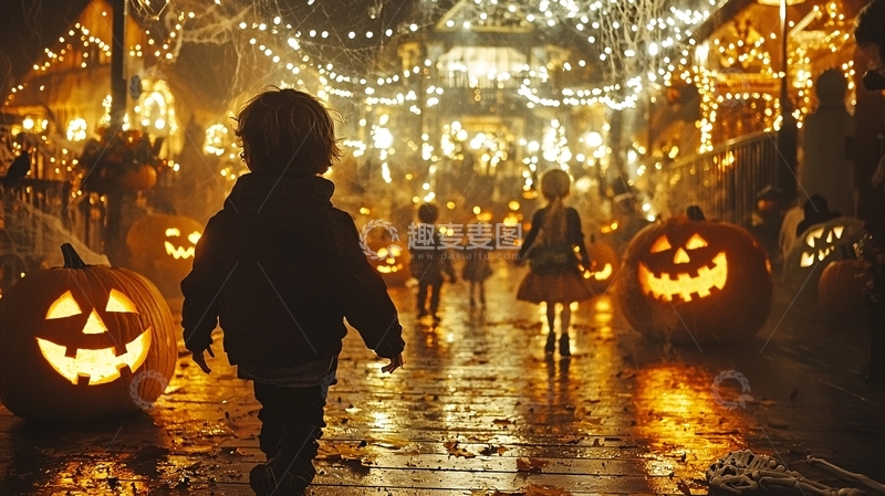 高清大图下载【趣麦麦图】万圣节儿童南瓜灯街道