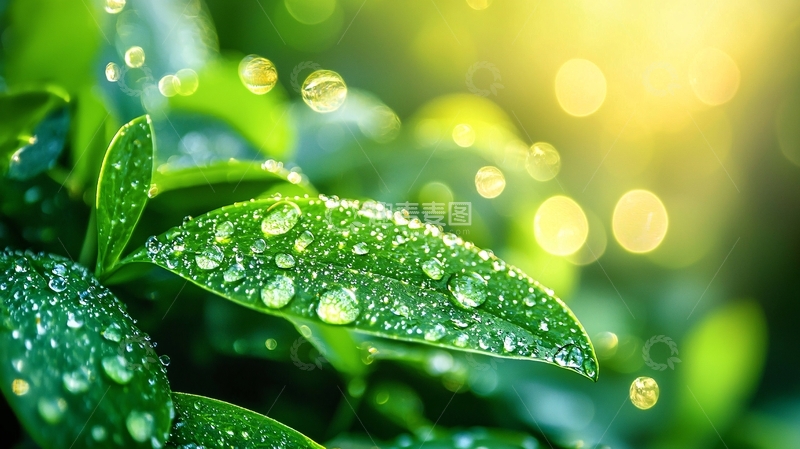 高清大图下载【趣麦麦图】绿叶上的水珠在阳光下闪耀