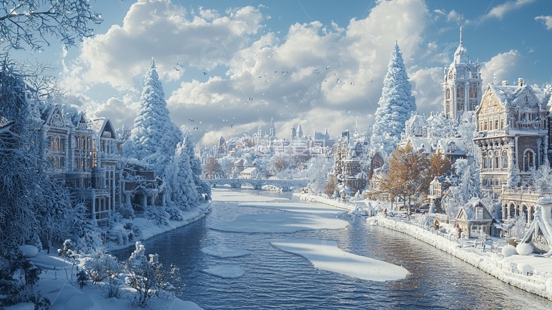 高清大图下载【趣麦麦图】冰雪覆盖的童话小镇