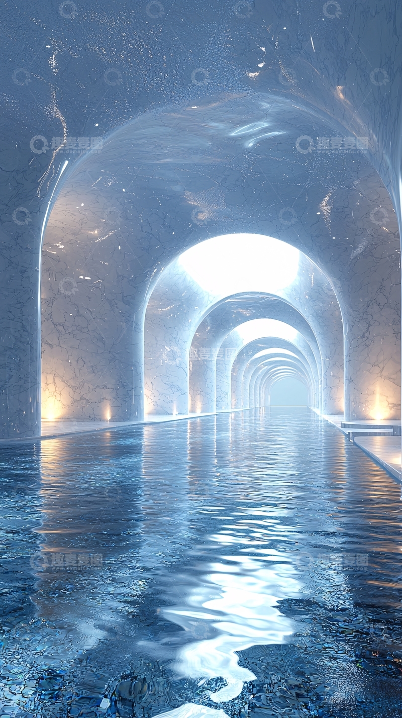 高清大图下载【趣麦麦图】冰蓝色拱形水下长廊