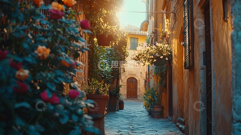 高清大图下载【趣麦麦图】阳光洒满欧洲小镇巷弄
