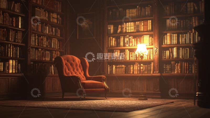 高清大图下载【趣麦麦图】昏暗灯光下的书房座椅