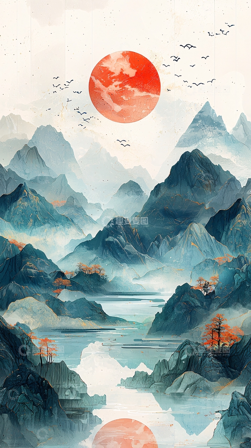 高清大图下载【趣麦麦图】水墨山水日出飞鸟意境