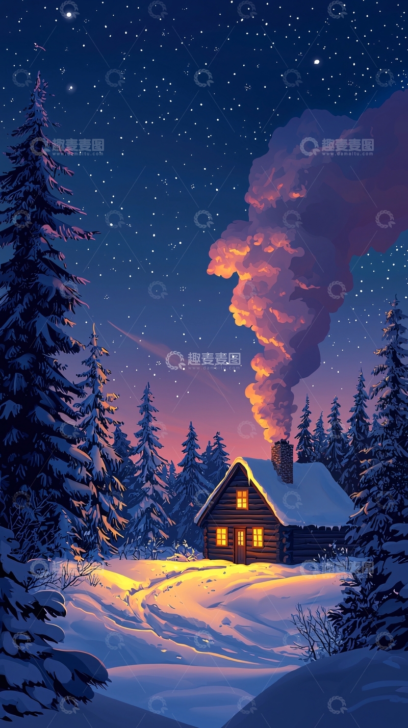 高清大图下载【趣麦麦图】雪夜小屋