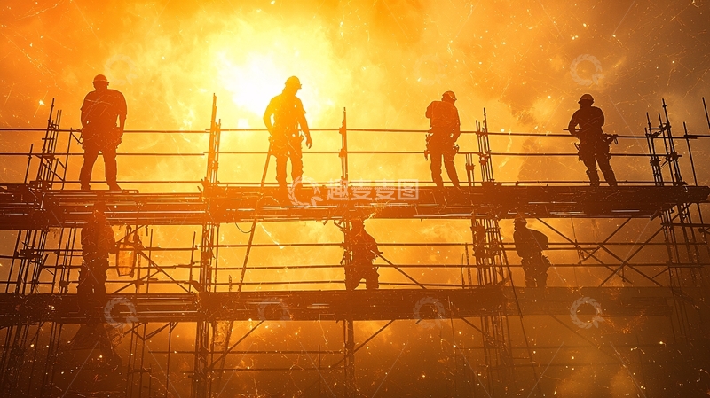高清大图下载【趣麦麦图】夕阳下工地工人剪影