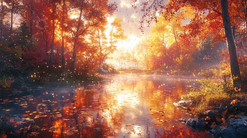 高清大图下载【趣麦麦图】秋日森林河流日出
