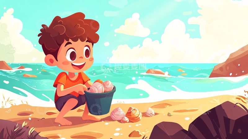 高清大图下载【趣麦麦图】沙滩上快乐的男孩捡贝壳