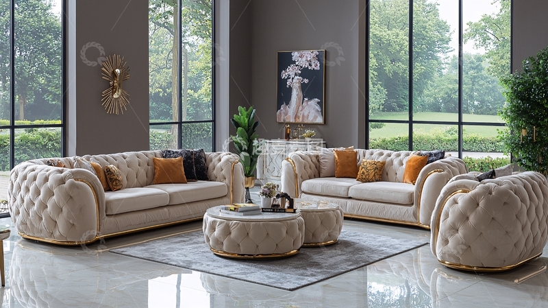 高清大图下载【趣麦麦图】-轻奢风奶油色真皮沙发组合