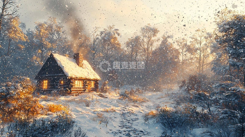 高清大图下载【趣麦麦图】雪中温暖的小木屋