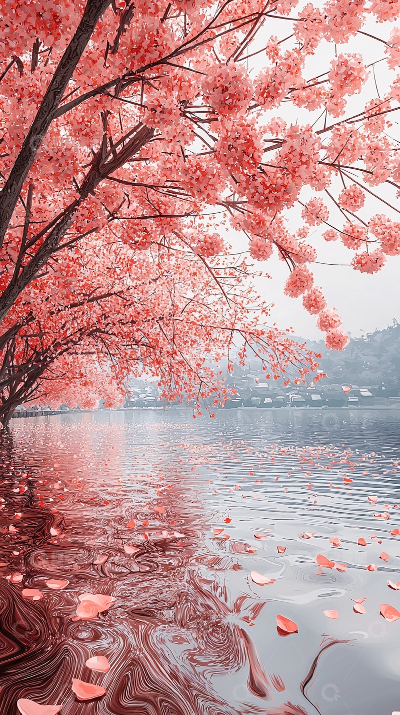 高清大图下载【趣麦麦图】粉色樱花倒影
