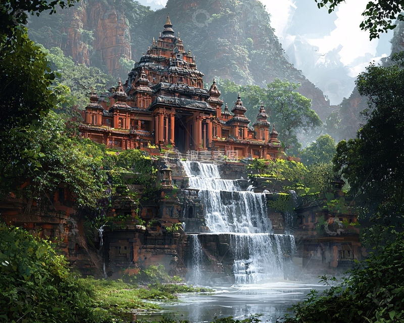 高清大图下载【趣麦麦图】瀑布下的古老寺庙