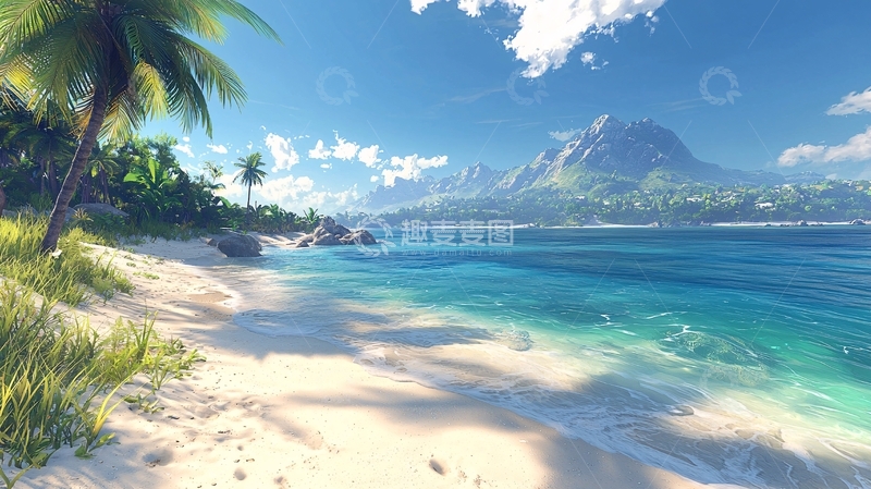 高清大图下载【趣麦麦图】热带海滩椰林风光