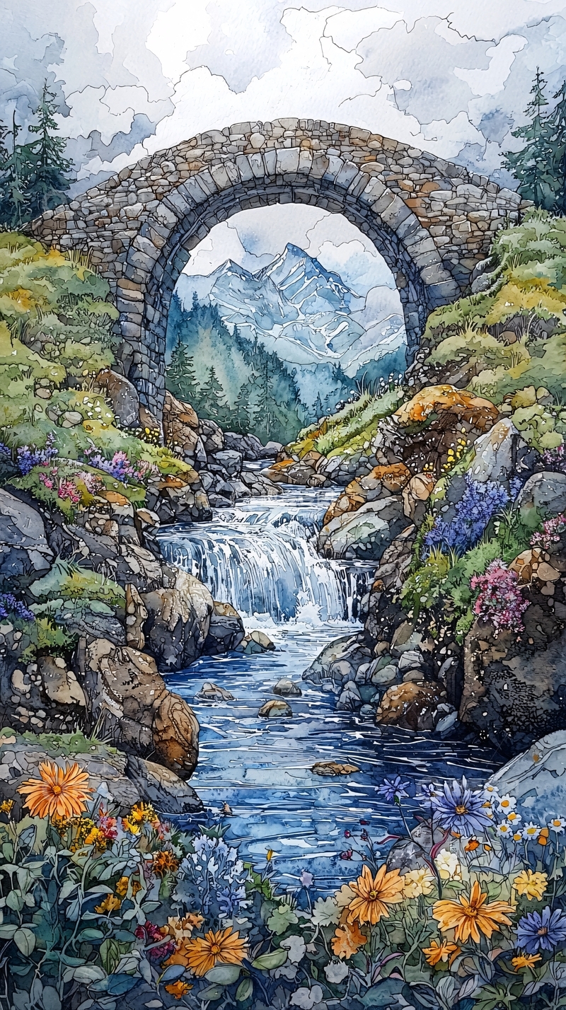 高清大图下载【趣麦麦图】水彩石桥风景如画