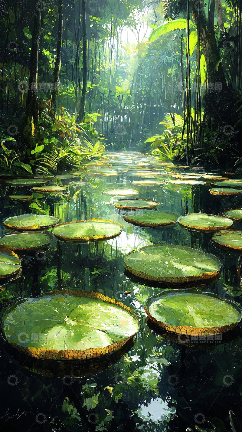 高清大图下载【趣麦麦图】热带雨林水面荷叶倒影