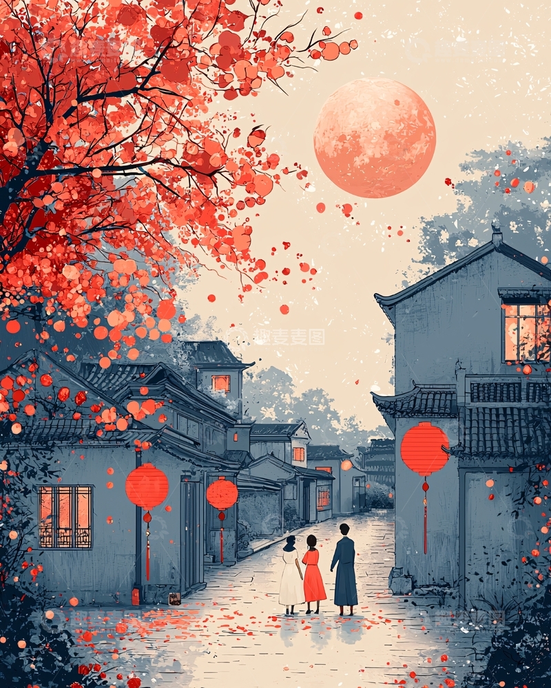 高清大图下载【趣麦麦图】红月古镇夜色